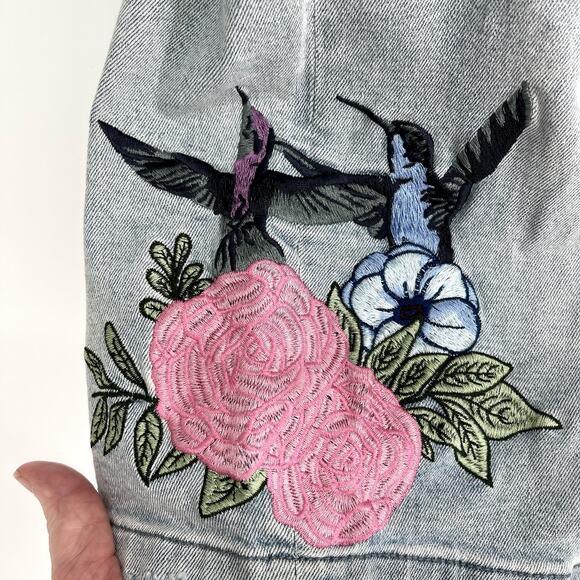 Homme + Femme NEW Embroidered Paradise Denim Shorts Unisex 44 Blue Hummingbird - Picture 3 of 12